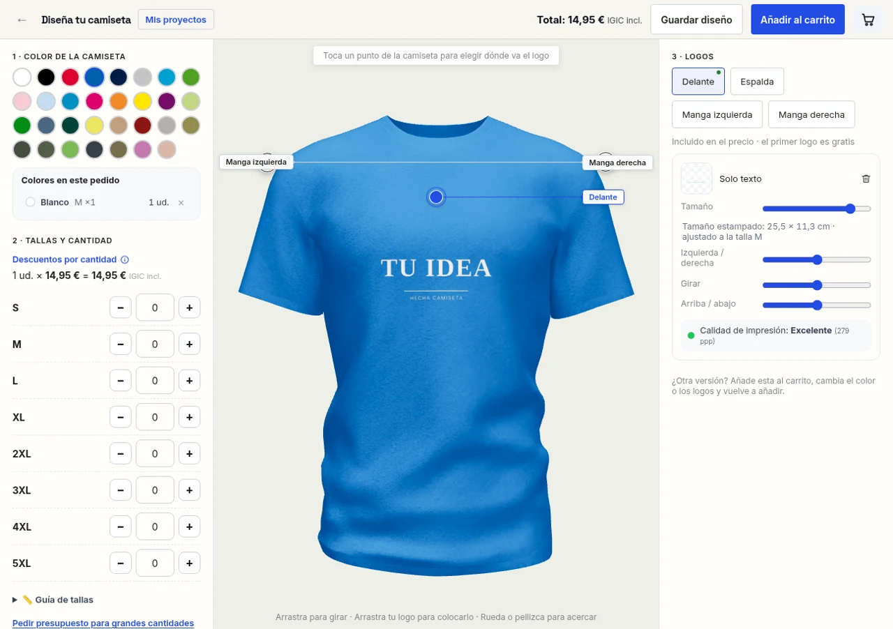 Vista del diseñador de CamisetaLab con sus colores, tallas y opciones para colocar tu diseño