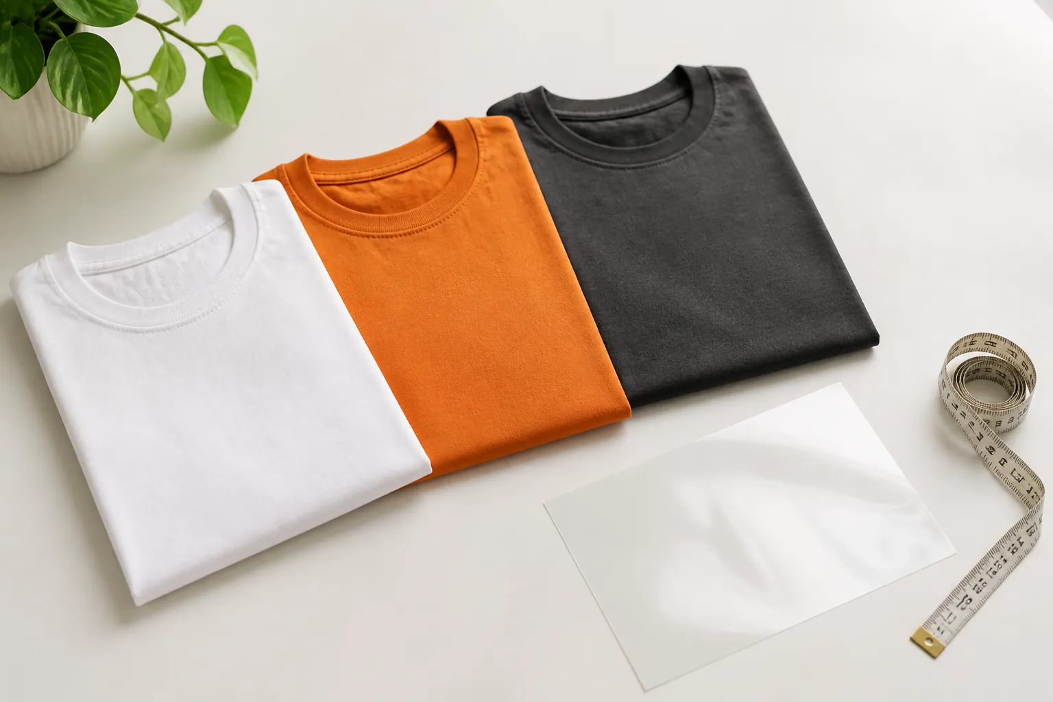 Camisetas dobladas en blanco, naranja y gris junto a una lámina de transfer