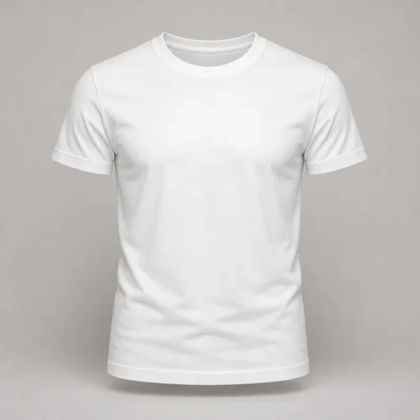 Camiseta blanca de algodón de manga corta y cuello redondo, vista de frente y sin estampar