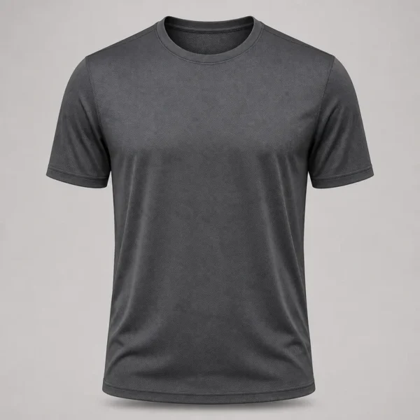 Camiseta técnica personalizada Camiseta técnica gris de tejido transpirable de micromalla, manga corta, vista de frente